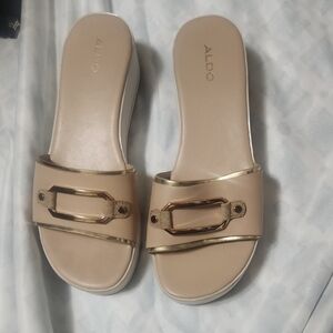 Aldo Women's Beige Slide Sandals with Gold Accents